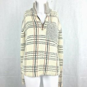 Paper Crane Sweater Womens S Beige Gold Black‎ Plaid Fuzzy Knit 1/4 Zip Pullover